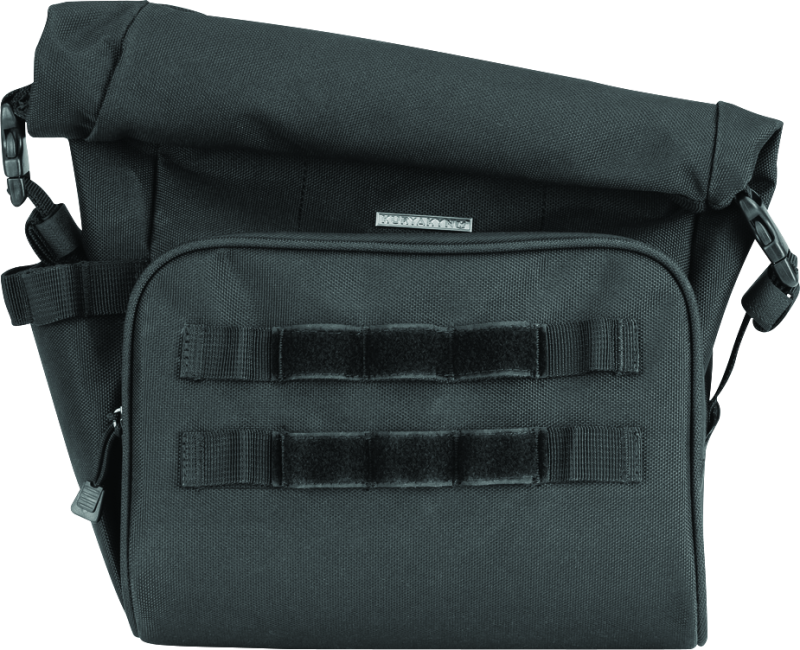 Kuryakyn Hoodrat universal swingarm bag mounted on powersports motorcycle, showing sturdy fabric and attachment straps.