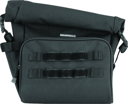 Kuryakyn Hoodrat universal swingarm bag mounted on powersports motorcycle, showing sturdy fabric and attachment straps.