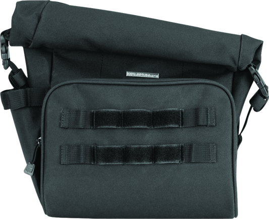 Kuryakyn Hoodrat universal swingarm bag mounted on powersports motorcycle, showing sturdy fabric and attachment straps.