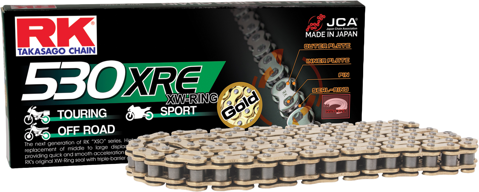 RK EXCEL GB530XRE motorcycle drive chain with gold finish, heavy-duty 530X120 chain, showcasing durability and tensile strength.