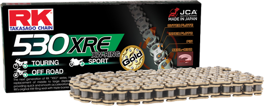 RK EXCEL GB530XRE motorcycle drive chain with gold finish, heavy-duty 530X120 chain, showcasing durability and tensile strength.