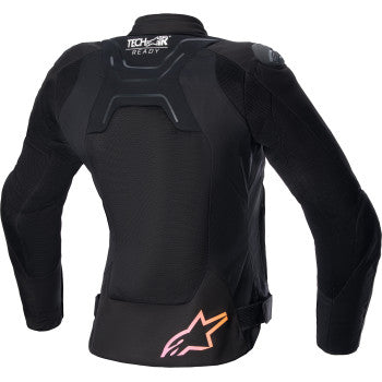 Alpinestars Stella SMX Air motorcycle jacket in black, yellow, and pink with protective padding, large size, displayed on a mannequin.