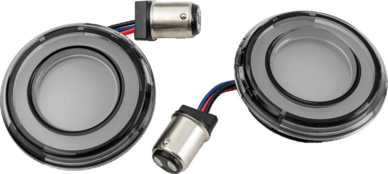 Kuryakyn Tracer LED front turn signal insert for Harley Davidson FLHX and FLTR models 2008-2015, showing the illuminated LED display