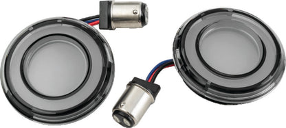 Kuryakyn Tracer LED front turn signal insert for Harley Davidson FLHX and FLTR models 2008-2015, showing the illuminated LED display