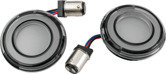 Kuryakyn Tracer LED front turn signal insert for Harley Davidson FLHX and FLTR models 2008-2015, showing the illuminated LED display
