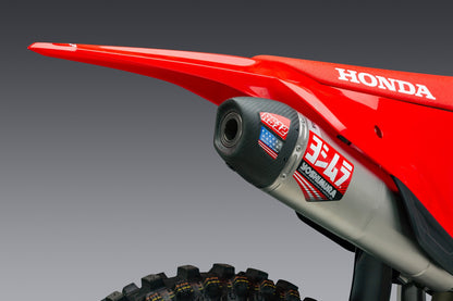 YOSHIMURA RS-12 exhaust system for Honda CRF450 with matte carbon fiber end cap, showing the sleek, high-performance motorcycle exhaust