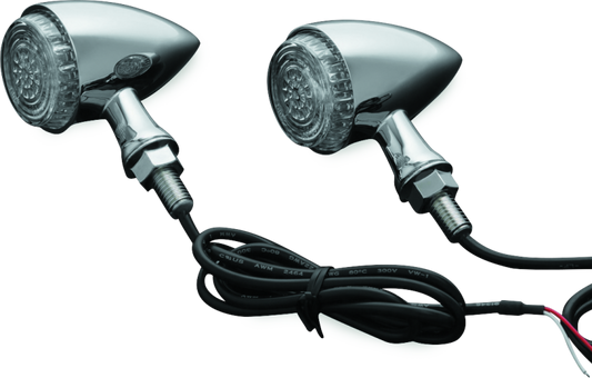 Kuryakyn Torpedo Indicator LED lights in amber and red with chrome finish for powersports vehicles, mounted on motorcycle handlebars.