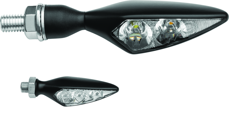 Kuryakyn Rhombus S front left amber turn signal with clear lens for motorcycle, showing the rhombus-shaped amber light and clear lens cover.
