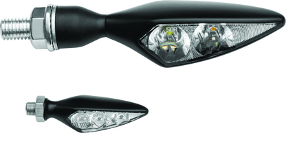 Kuryakyn Rhombus S front left amber turn signal with clear lens for motorcycle, showing the rhombus-shaped amber light and clear lens cover.
