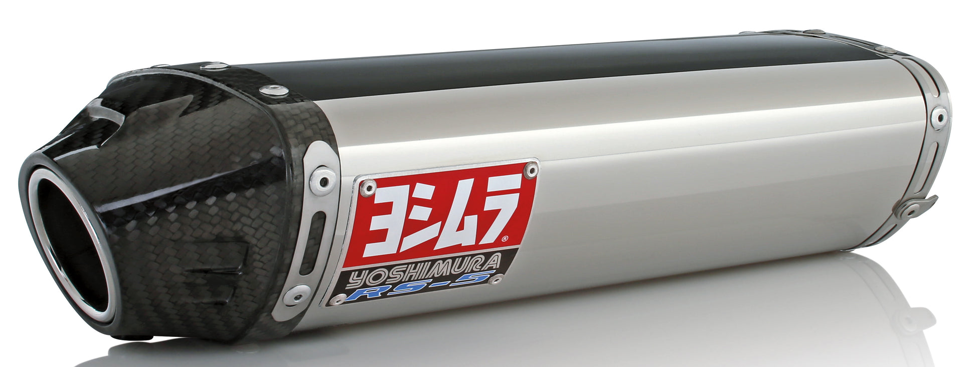 YOSHIMURA Street RS-5 slip-on exhaust for UTVs, lightweight motorcycle exhaust with polished metal finish.