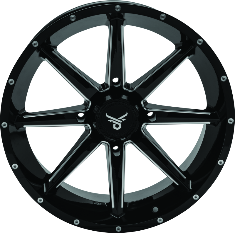 QuadBoss Slicer 18x7 Powersports wheel with 4/137 bolt pattern and Limited Edition QuadBoss Bull Logo center caps.
