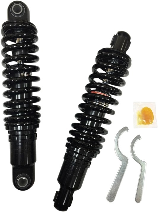 Black 12-inch Drag Specialties shocks with ride-height adjustability, heavy-duty construction for motorcycles.