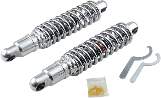 Chrome DRAG SPECIALTIES SHOCKS premium 13-inch ride-height adjustable heavy-duty shocks for motorcycle suspension.
