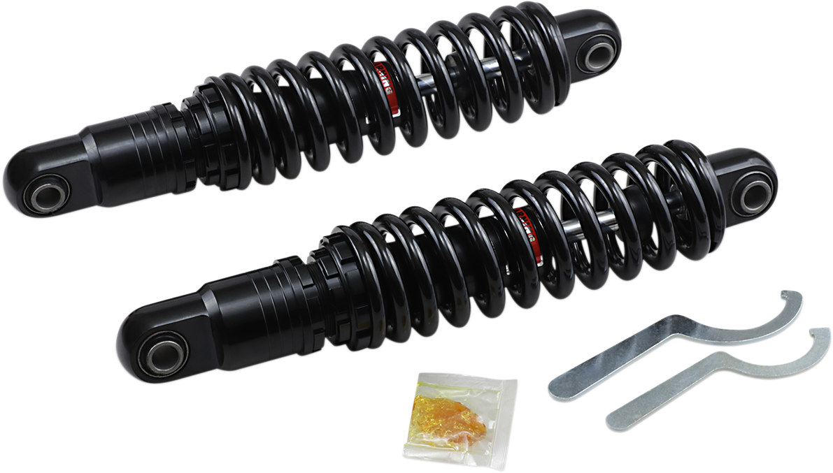 Black heavy-duty DRAG SPECIALTIES shocks, premium 13-inch ride-height adjustable suspension for motorcycles.