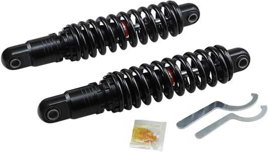 Black heavy-duty DRAG SPECIALTIES shocks, premium 13-inch ride-height adjustable suspension for motorcycles.