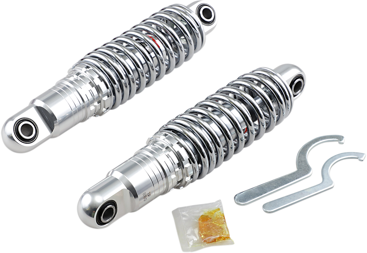 Chrome rear shock absorber by Drag Specialties, 11-inch premium ride-height adjustable heavy-duty motorcycle shock.