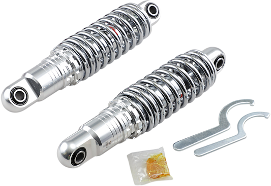 Chrome rear shock absorber by Drag Specialties, 11-inch premium ride-height adjustable heavy-duty motorcycle shock.