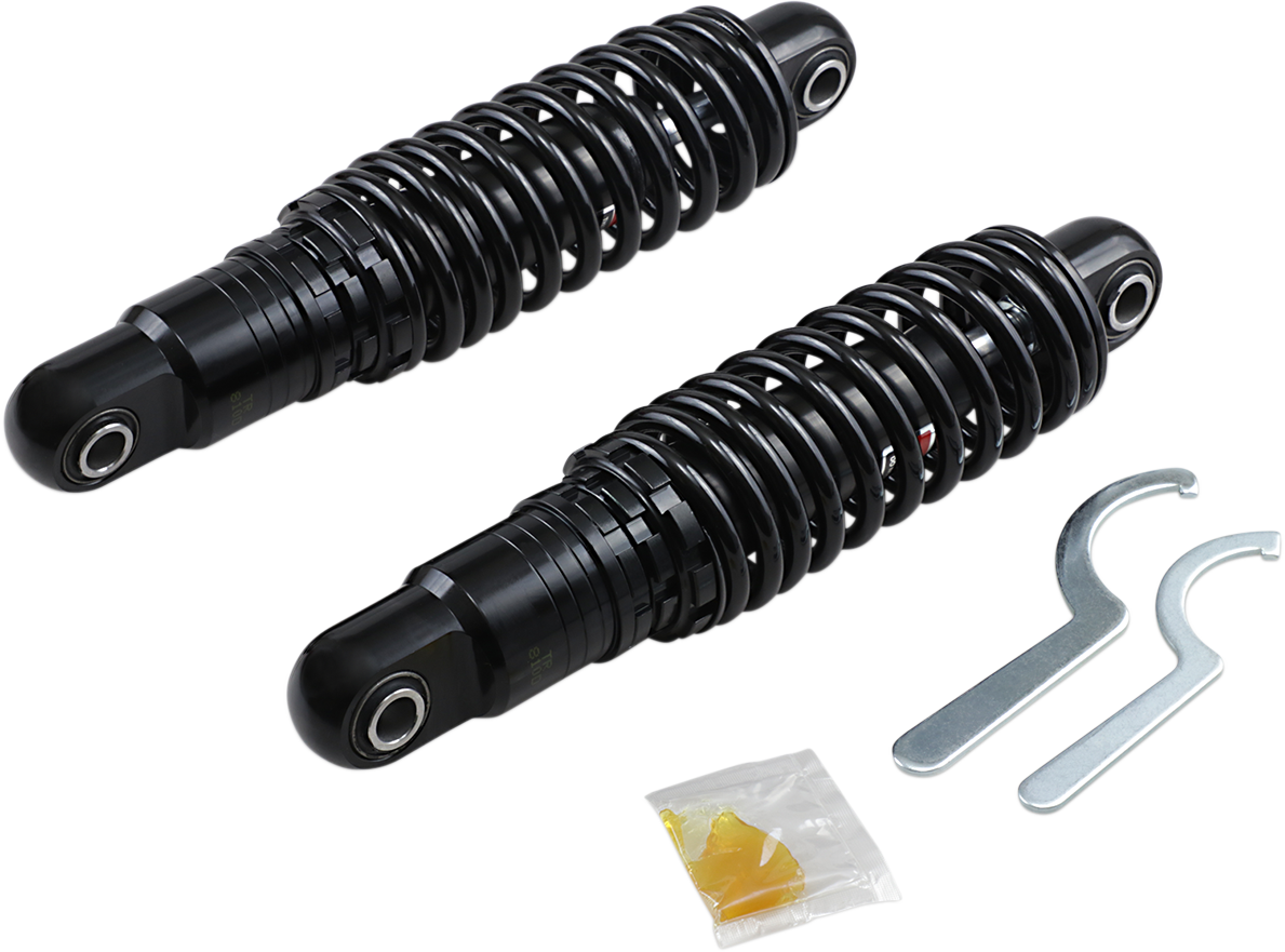 Black DRAG SPECIALTIES SHOCKS premium ride-height adjustable shocks, 11-inch heavy-duty motorcycle shocks with a sleek finish.