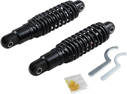 Black DRAG SPECIALTIES SHOCKS premium ride-height adjustable shocks, 11-inch heavy-duty motorcycle shocks with a sleek finish.