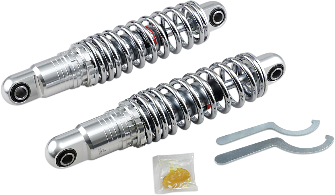 Chrome DRAG SPECIALTIES SHOCKS premium 12-inch adjustable heavy-duty shocks for motorcycles, with ride-height adjustability.