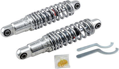 Chrome DRAG SPECIALTIES SHOCKS premium 12-inch adjustable heavy-duty shocks for motorcycles, with ride-height adjustability.