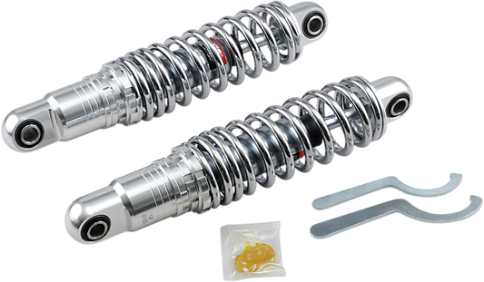 Chrome DRAG SPECIALTIES SHOCKS premium 12-inch adjustable heavy-duty shocks for motorcycles, with ride-height adjustability.