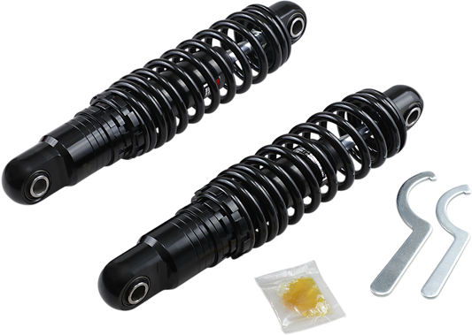 Black 12-inch Drag Specialties Shocks with premium ride-height adjustment and heavy-duty construction for motorcycle suspension.