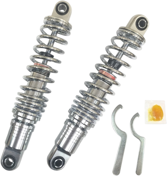 Chrome Drag Specialties shocks, premium 13-inch ride-height adjustable shock absorbers, heavy-duty motorcycle suspension component.