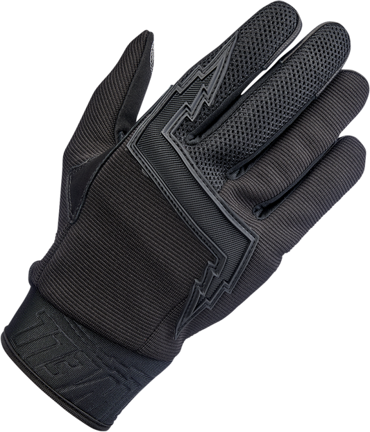 Black BILTWELL Baja Gloves in small size, featuring durable motorcycle glove design with protective padding and adjustable wrist straps.