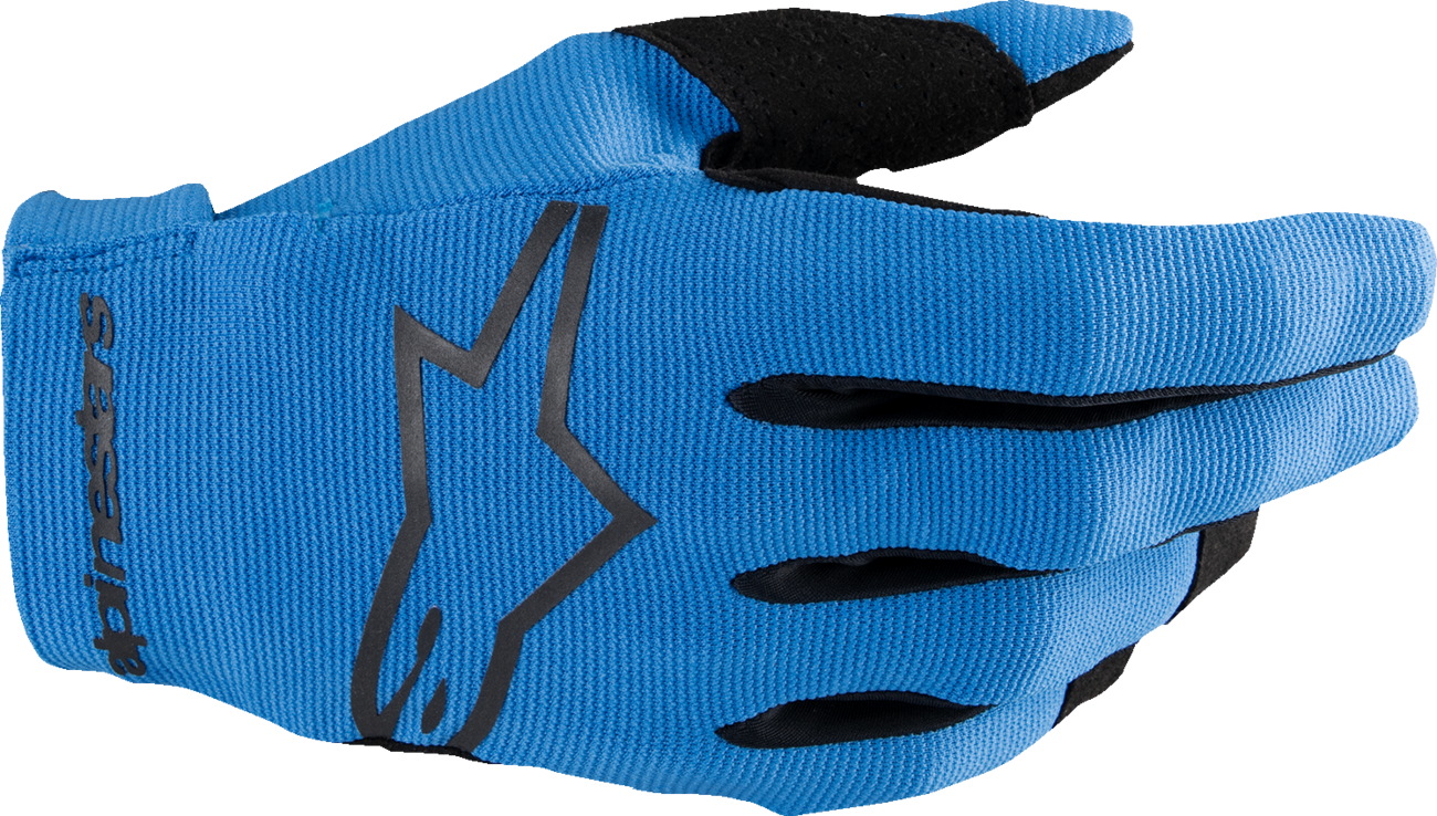 Alpinestars Radar MX gloves in blue and black, medium size, showing protective knuckles and breathable fabric for motocross riding.