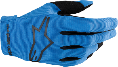 Alpinestars Radar MX gloves in blue and black, medium size, showing protective knuckles and breathable fabric for motocross riding.