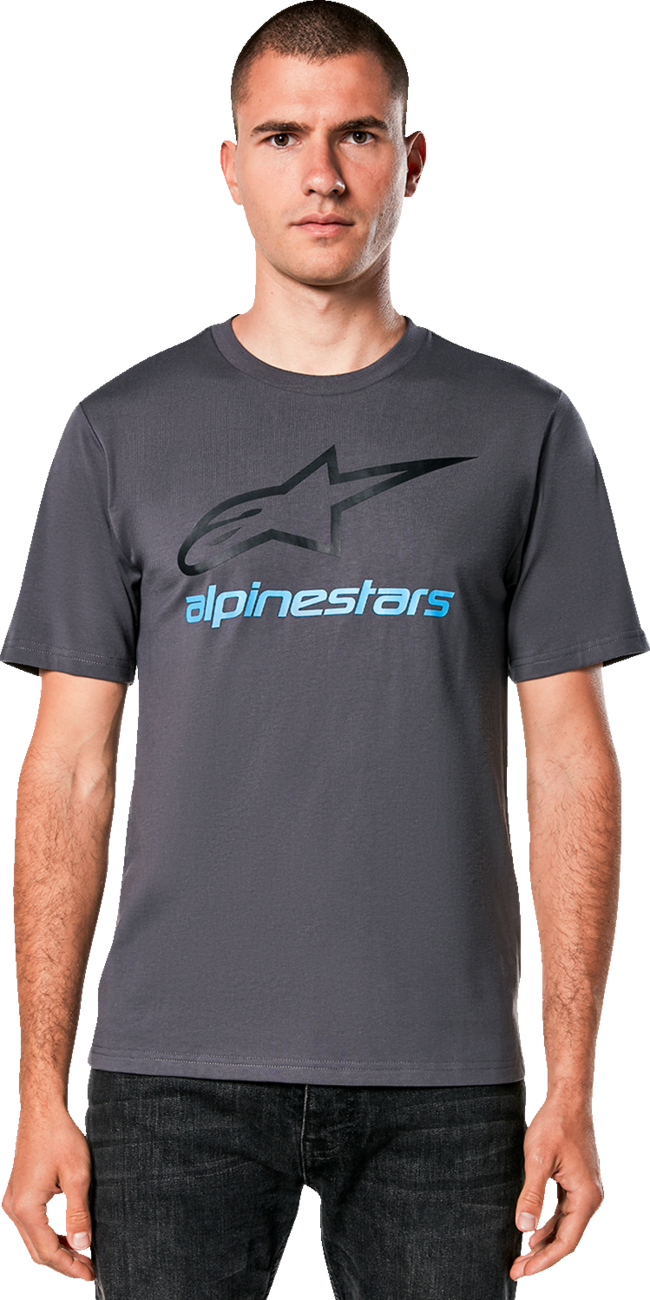 Alpinestars Always 2.0 CSF T-Shirt in charcoal, black, and blue, medium size, featuring the Alpinestars logo and design.