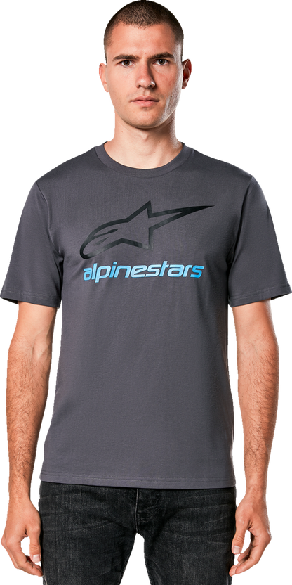 Alpinestars Always 2.0 CSF T-Shirt in charcoal, black, and blue, medium size, featuring the Alpinestars logo and design.