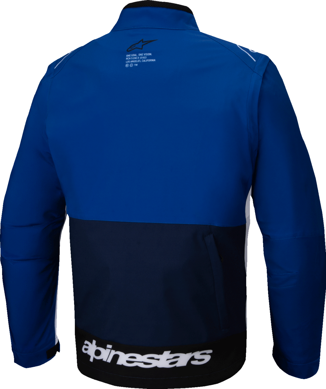 Alpinestars Lite-Dura softshell jacket in navy, blue, and white, size 3XL, displayed on a hanger.