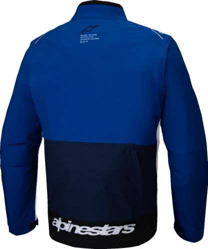 Alpinestars Lite-Dura softshell jacket in navy, blue, and white, size 3XL, displayed on a hanger.
