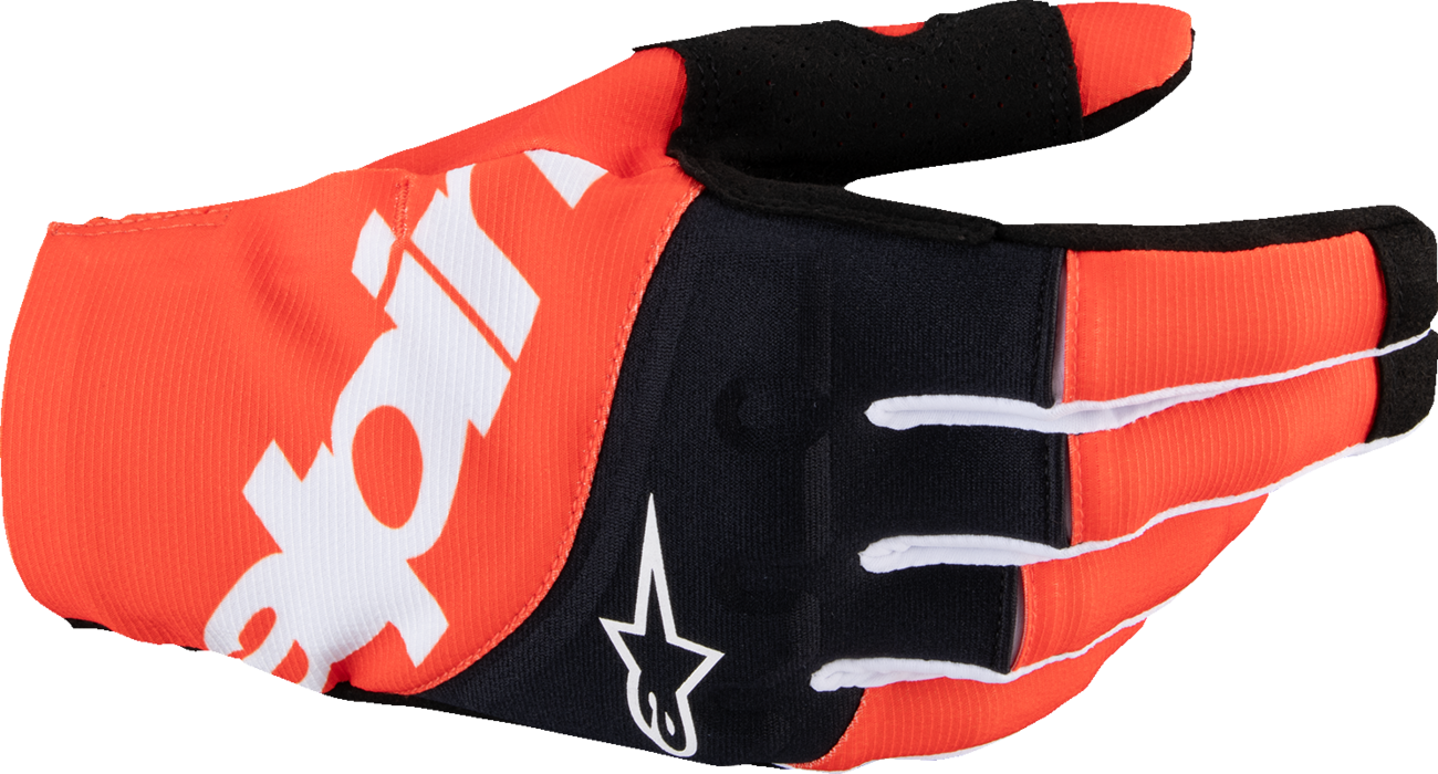 Alpinestars Techstar MX gloves in black and hot orange, medium size, designed for high-performance off-road riding.