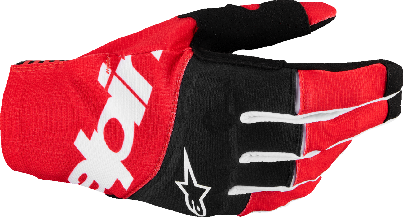 Alpinestars Techstar MX motorcycle gloves in black and bright red, 2XL, featuring protective padding and breathable mesh fabric.