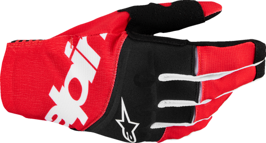 Alpinestars Techstar MX motorcycle gloves in black and bright red, 2XL, featuring protective padding and breathable mesh fabric.