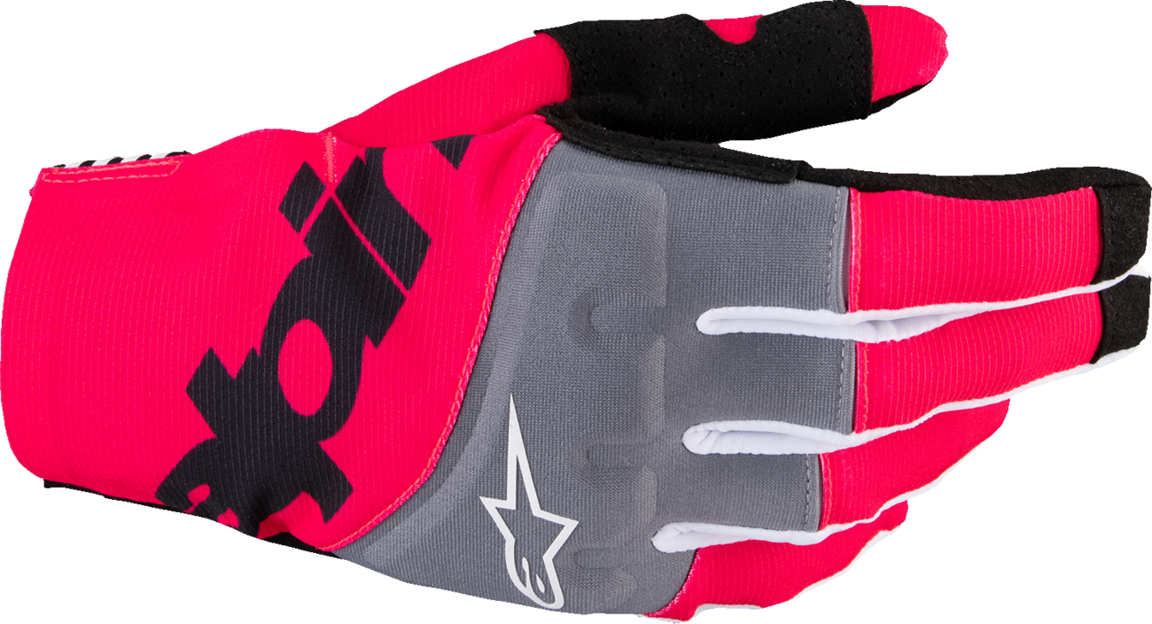 Alpinestars Techstar MX gloves in black and fluorescent pink, large size, with padded palms and breathable fabric.
