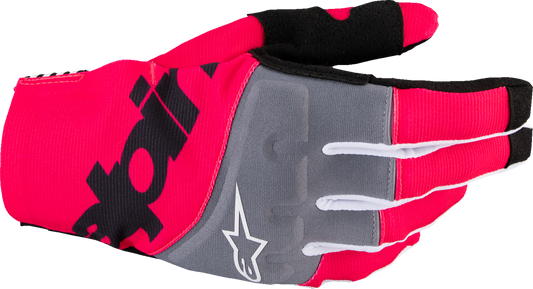 Alpinestars Techstar MX gloves in black and fluorescent pink, large size, with padded palms and breathable fabric.