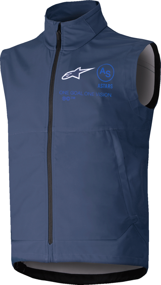 Alpinestars Techstar Softshell Vest in navy, size large, featuring a lightweight, durable softshell material with zip pockets.