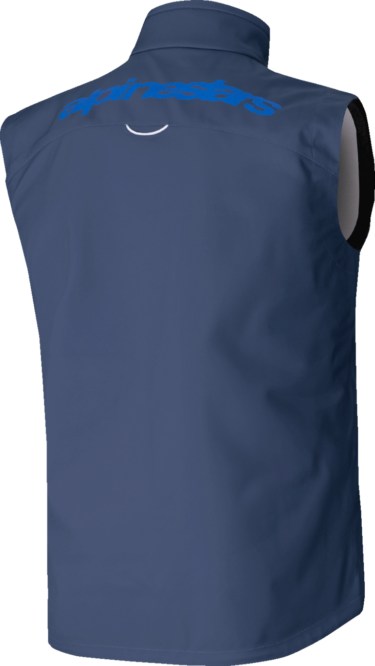 Alpinestars Techstar Softshell Vest in navy, size large, featuring a fitted softshell design with zip pockets and performance fabric.