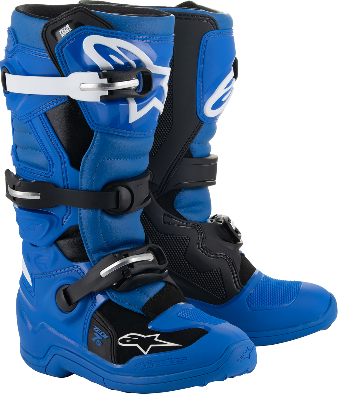 Alpinestars Youth Tech 7S bike boots in blue, black, and white with reinforced soles and ankle protection, US size 8.
