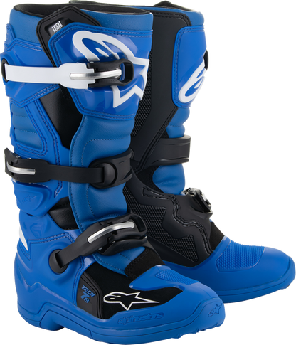 Alpinestars Youth Tech 7S bike boots in blue, black, and white with reinforced soles and ankle protection, US size 8.
