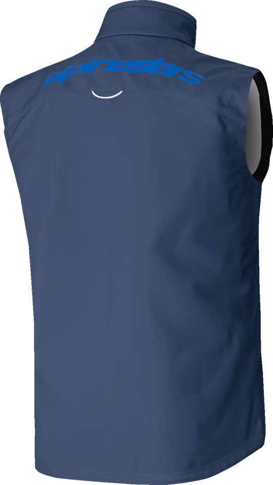Alpinestars Techstar Softshell Vest in navy, small size, windproof and lightweight motorcycle outer layer shown on a model.