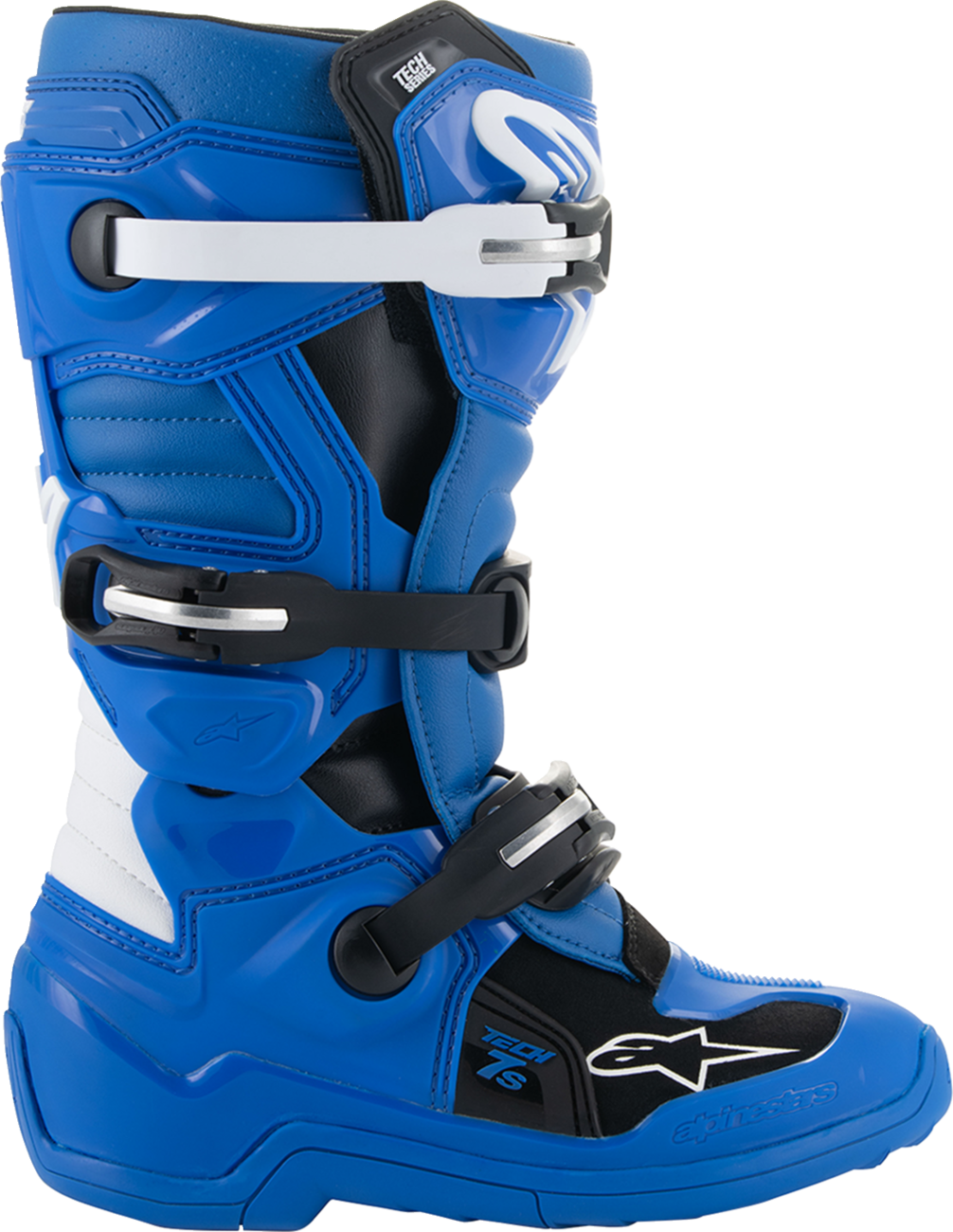 Alpinestars Youth Tech 7S bike boots in blue, black, and white with protective design, US size 8 / EU 42, part number 2015017-712-8