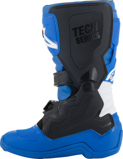 Alpinestars Youth Tech 7S bike boots in blue, black, and white with protective design and adjustable straps, US size 8.