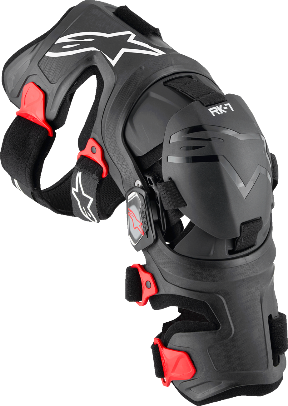 Alpinestars RK-7 Plasma knee brace in black and red, small size, designed for high-performance off-road support and protection.