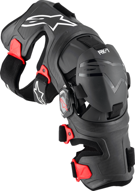 Alpinestars RK-7 Plasma knee brace in black and red, small size, designed for high-performance off-road support and protection.