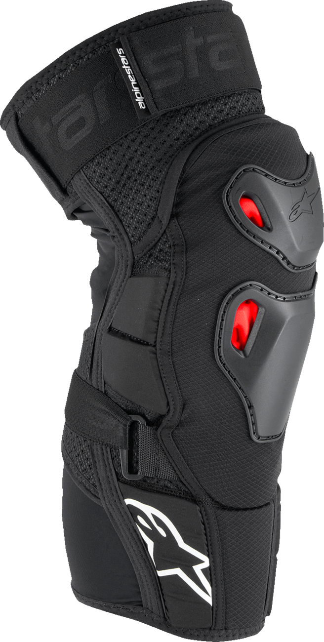 Alpinestars Bionic Pro Plasma knee protectors for off-road motorcycles, showing durable knee guards with protective armor and straps.